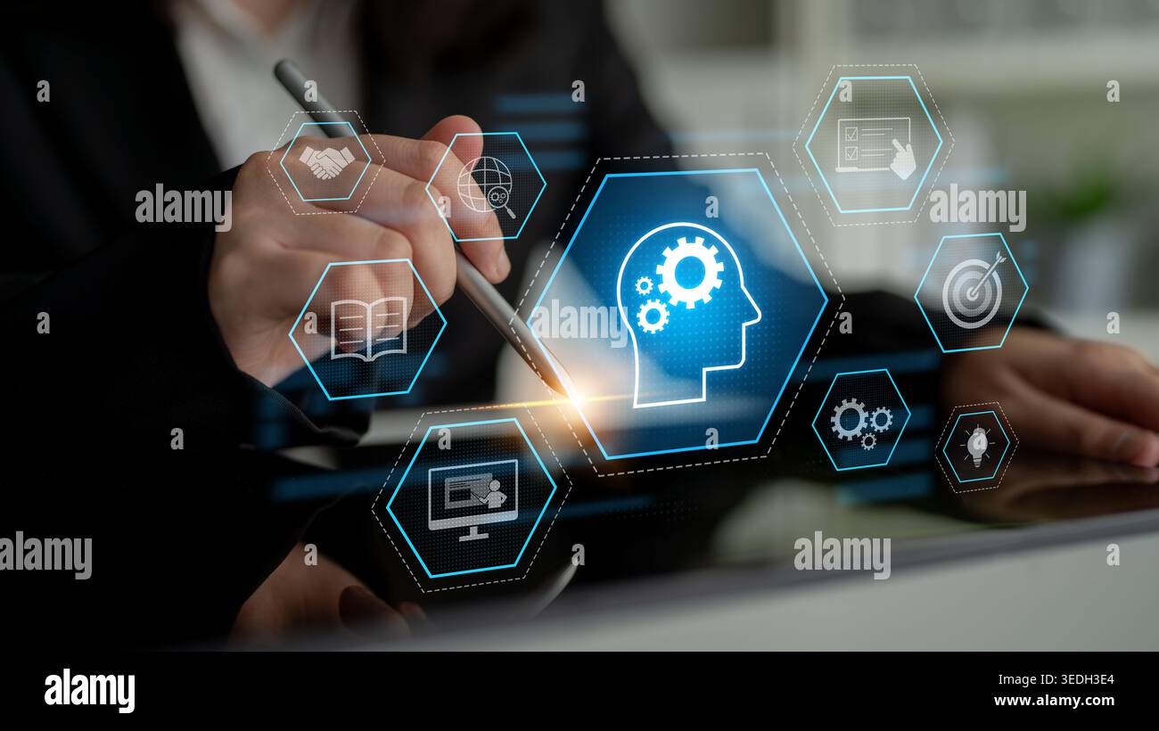 Head with gear and icons representing learning, digital training, and ...
