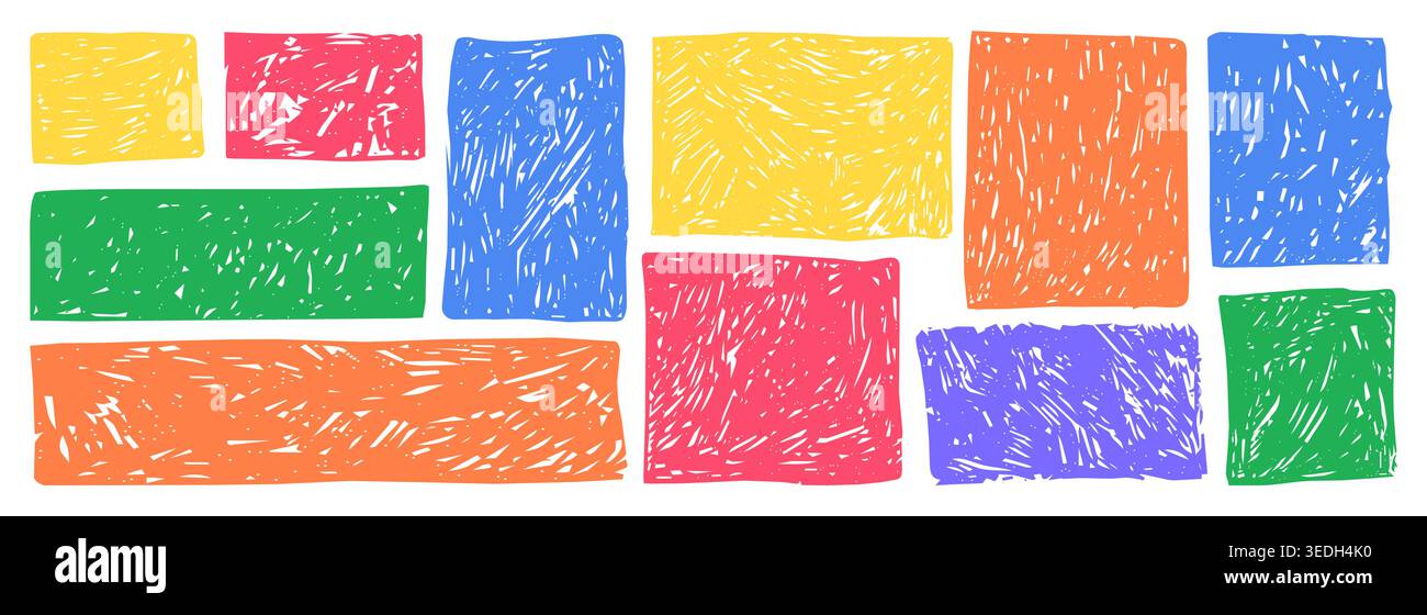 Crayon rectangle frame scribble scratch pencil chalk texture doodle sketch. Squares and rectangles, doodle hand drawn frames . Vector illustration Stock Vector