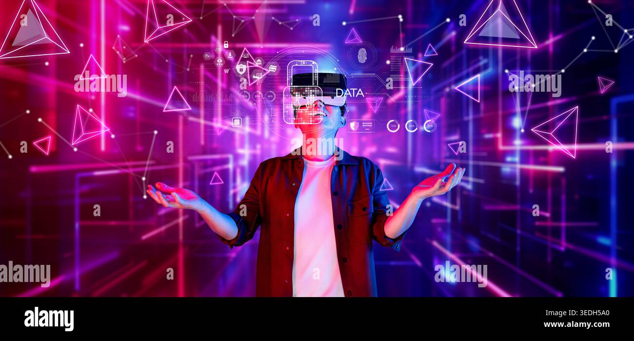 Explore a vibrant virtual reality scene showcasing cybersecurity themes with dynamic geometric shapes and a sleek digital interface representing data Stock Photo