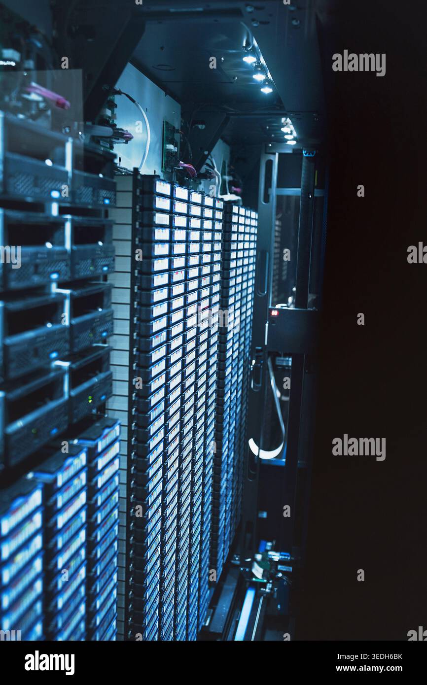 Server room, infrastructure and cybersecurity system with network for digital storage facility. Electronics, AI hardware and machine learning for Stock Photo