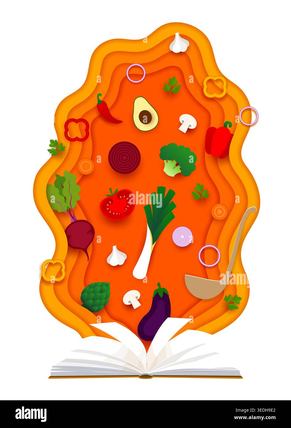 Paper cut cooking recipe book with vegetables. Vegetarian menu papercut vector concept, healthy nutrition 3d banner with cook recipe book, onion, eggplant, beet and avocado, pepper falling veggies Stock Vector