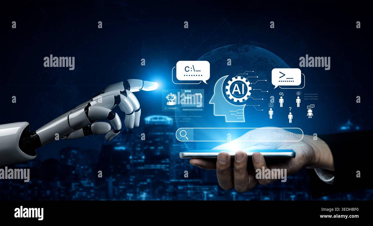 AI assistant prompt input system processes tasks with logic, data, automation, support tools and intelligent engine platform. AI search engine with Stock Photo
