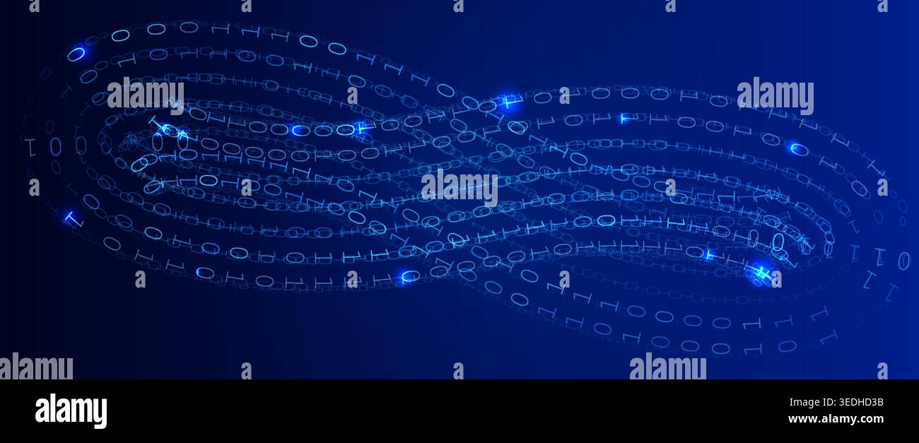 Infinity Loop Binary Code Digits Chain Blue Background, Digital Data Stream, Digital Technology Background of Cybersecurity Data Security Vibe Stock Vector