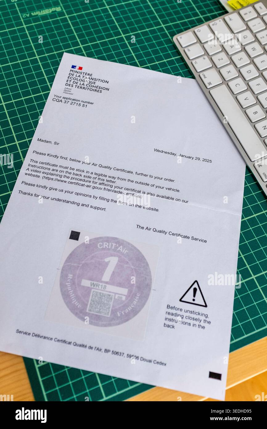 Letter with Air Quality Certificate sticker from French Ministry of ...