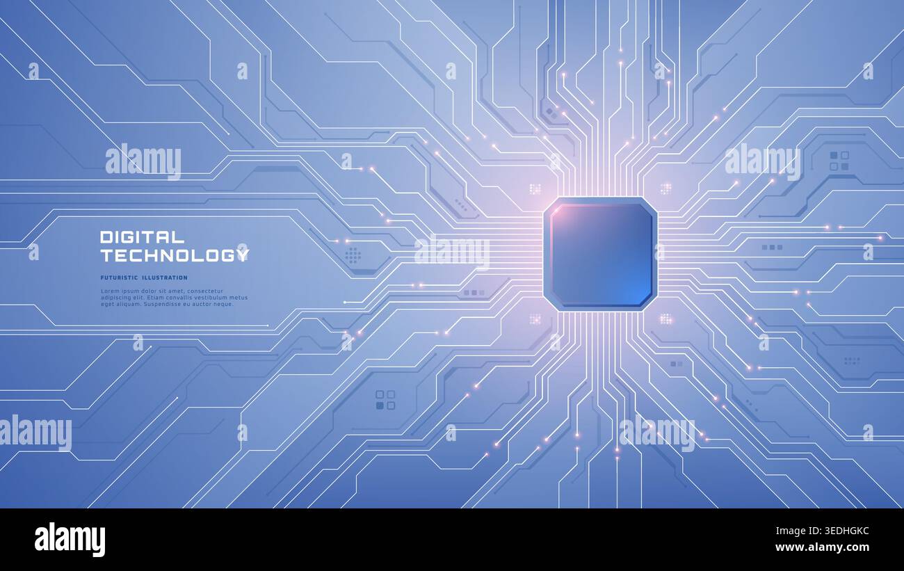 Vector technology background with AI chip, abstract circuits Stock Vector