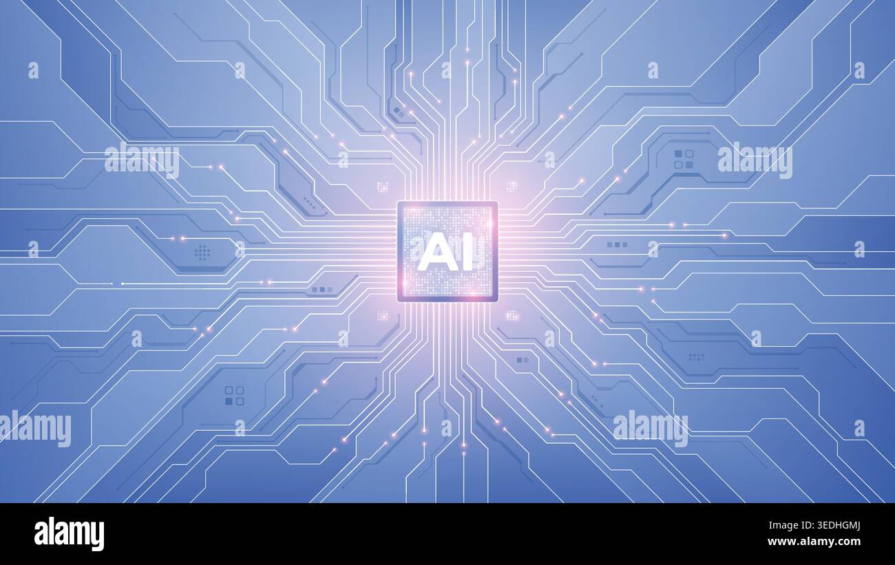 AI circuit board with white abstract patterns and tech elements. Stock Vector