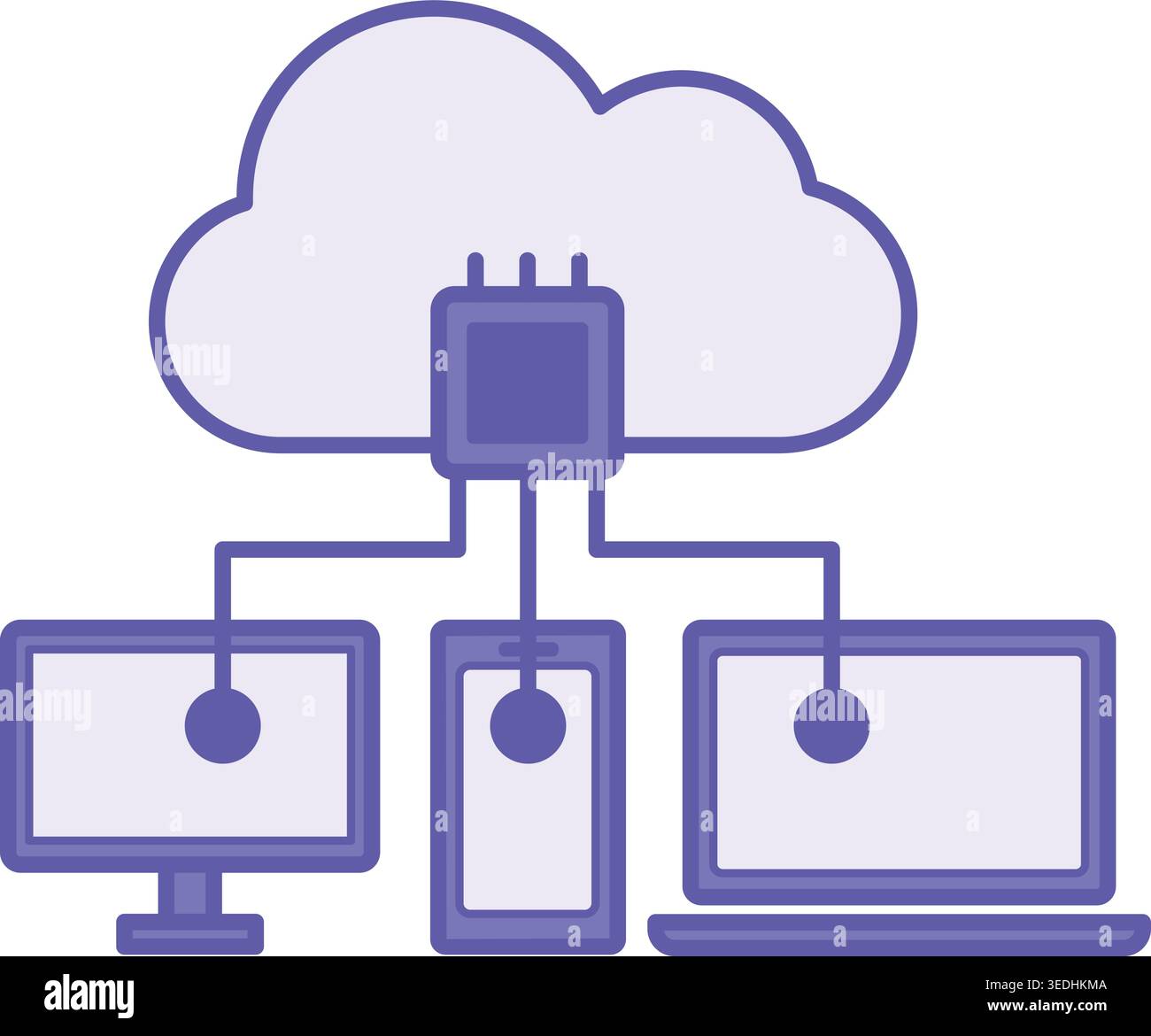 Colored Cloud Computing Icon. Vector Illustration. Computer, Laptop, Phone Interacting with Cloud Database. Providing Computing Resources Over Interne Stock Vector