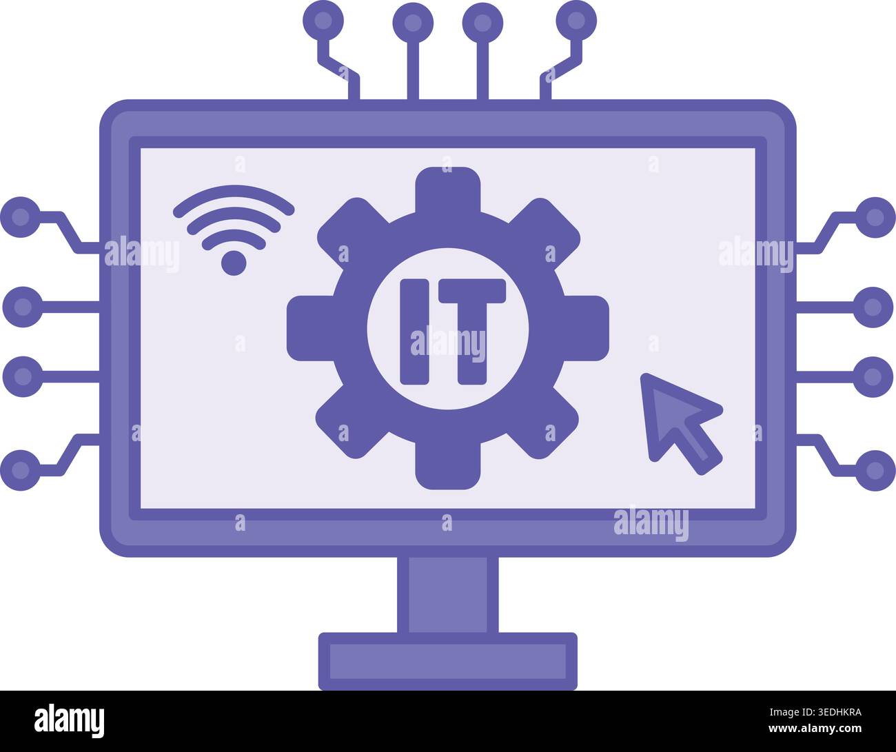 Colored Information Technology Icon. Vector Illustration. Computer, Gear, Wi-Fi, and Computer Mouse Cursor. Data Collection, Processing, and Transfer Stock Vector