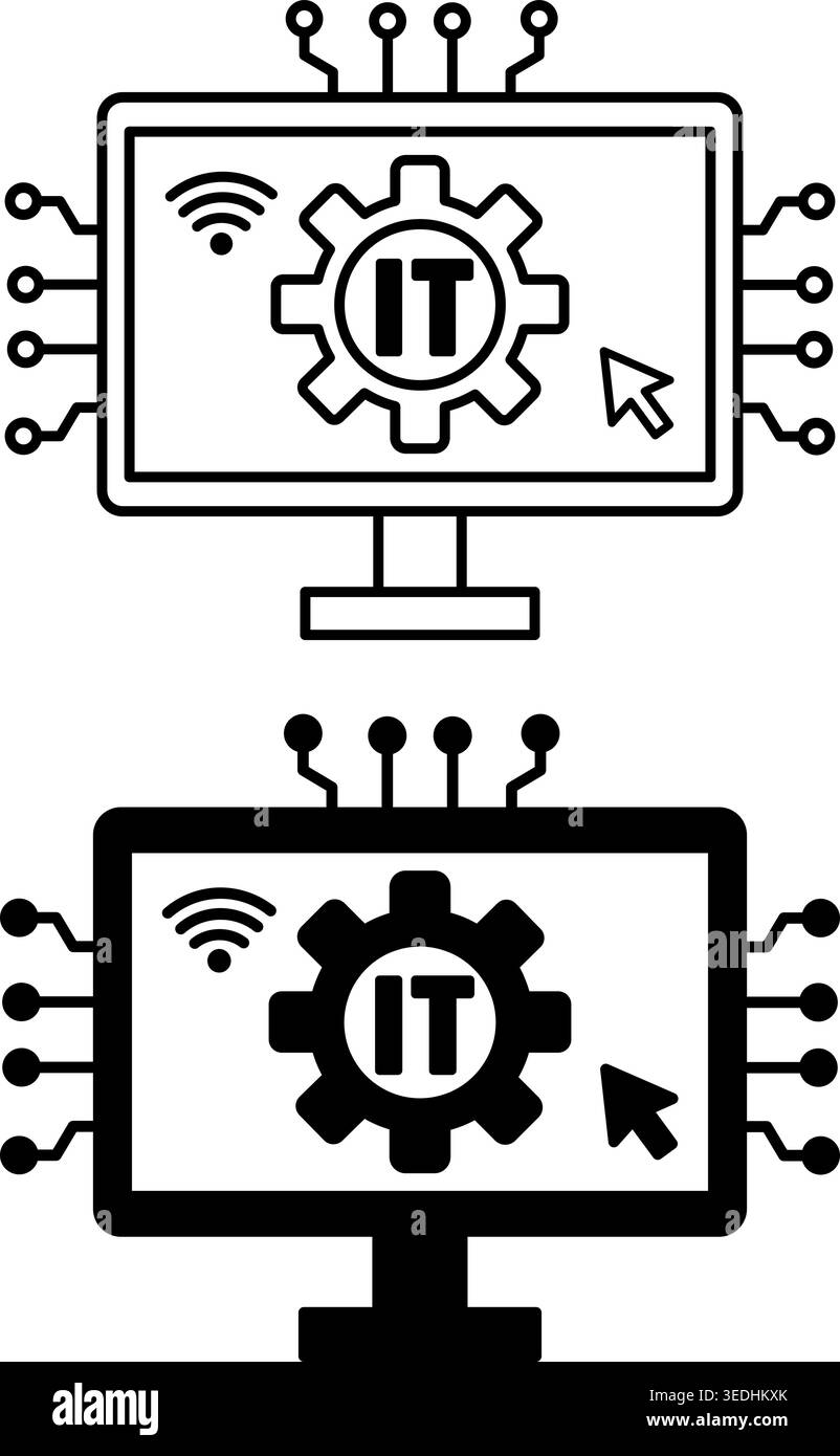 Information Technology Icons. Black and White Vector Illustrations. Computer, Gear, Wi-Fi, and Computer Mouse Cursor. Data Collection, Processing, and Stock Vector