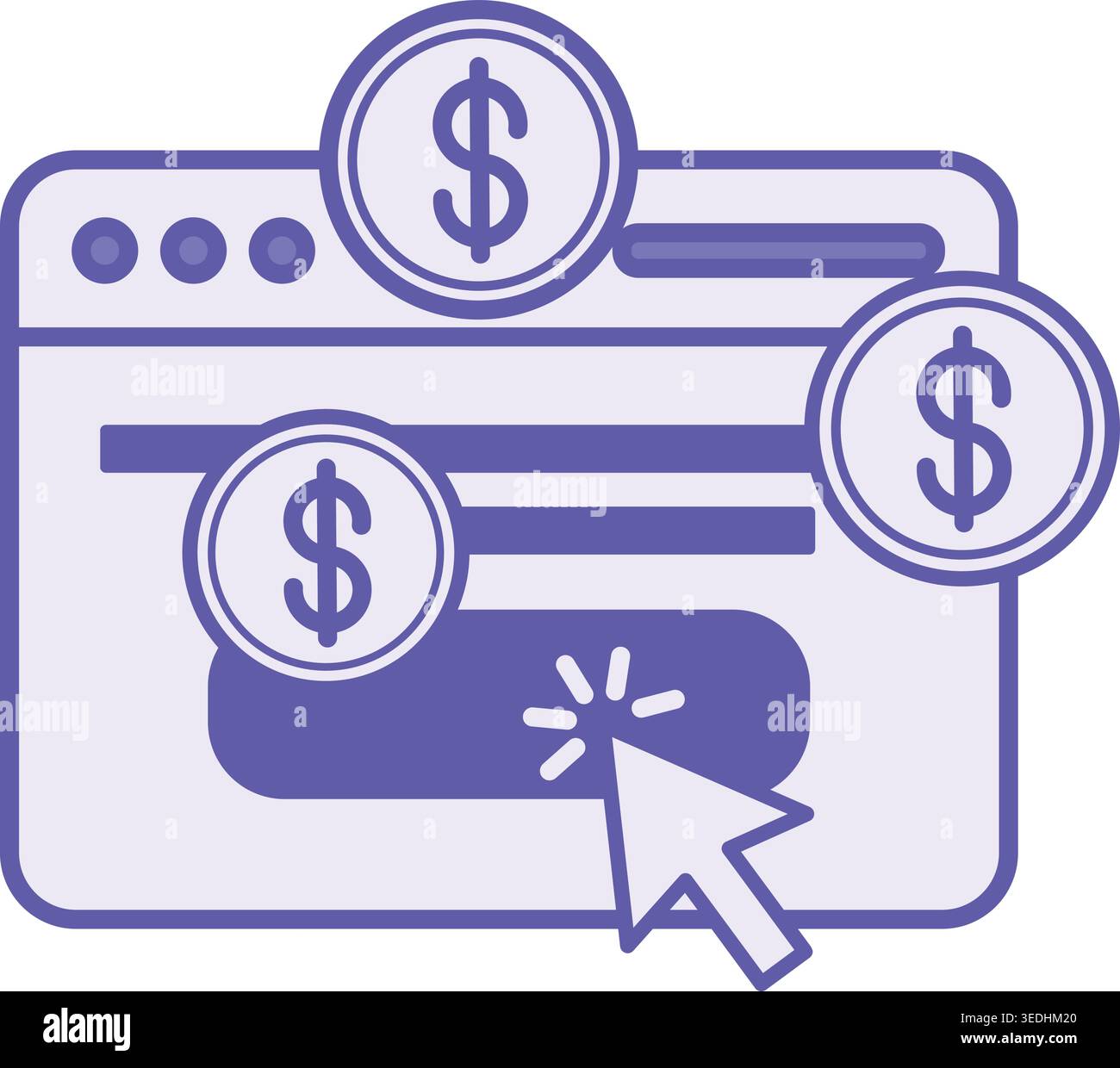 Colored Pay Per Click Icon. Vector Illustration. Application, Dollar Coins, And Mouse Cursor. Online Advertising Pay Button. Digital Marketing Concept Stock Vector