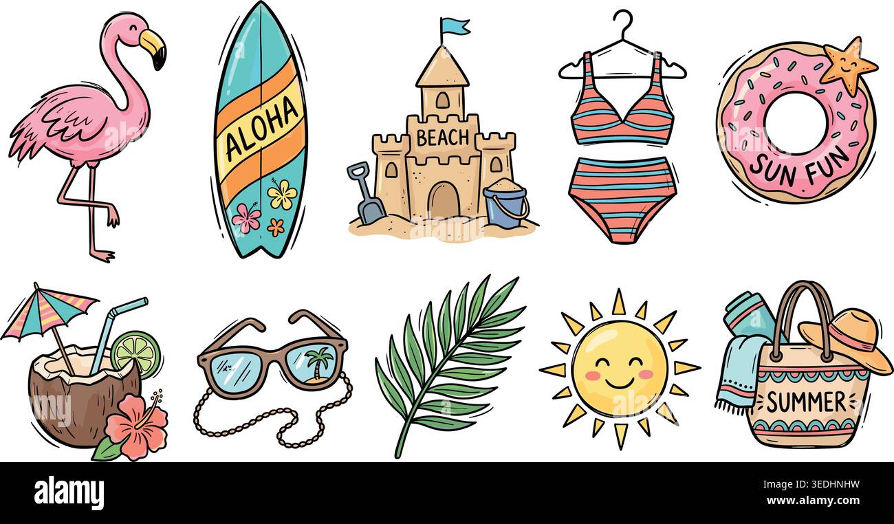 Summer Beach Doodle Set .Hand Drawn Vacation Poster Element. Vector illustration Stock Vector