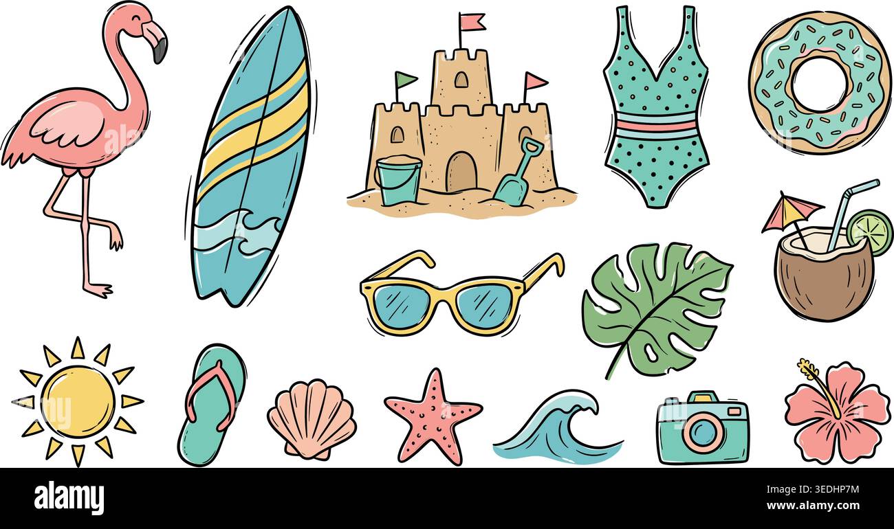 Summer Beach Doodle Set .Hand Drawn Vacation Poster Element. Vector illustration Stock Vector