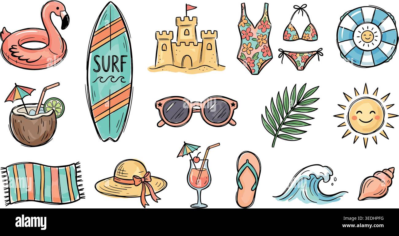 Summer Beach Doodle Set .Hand Drawn Vacation Poster Element. Vector illustration Stock Vector