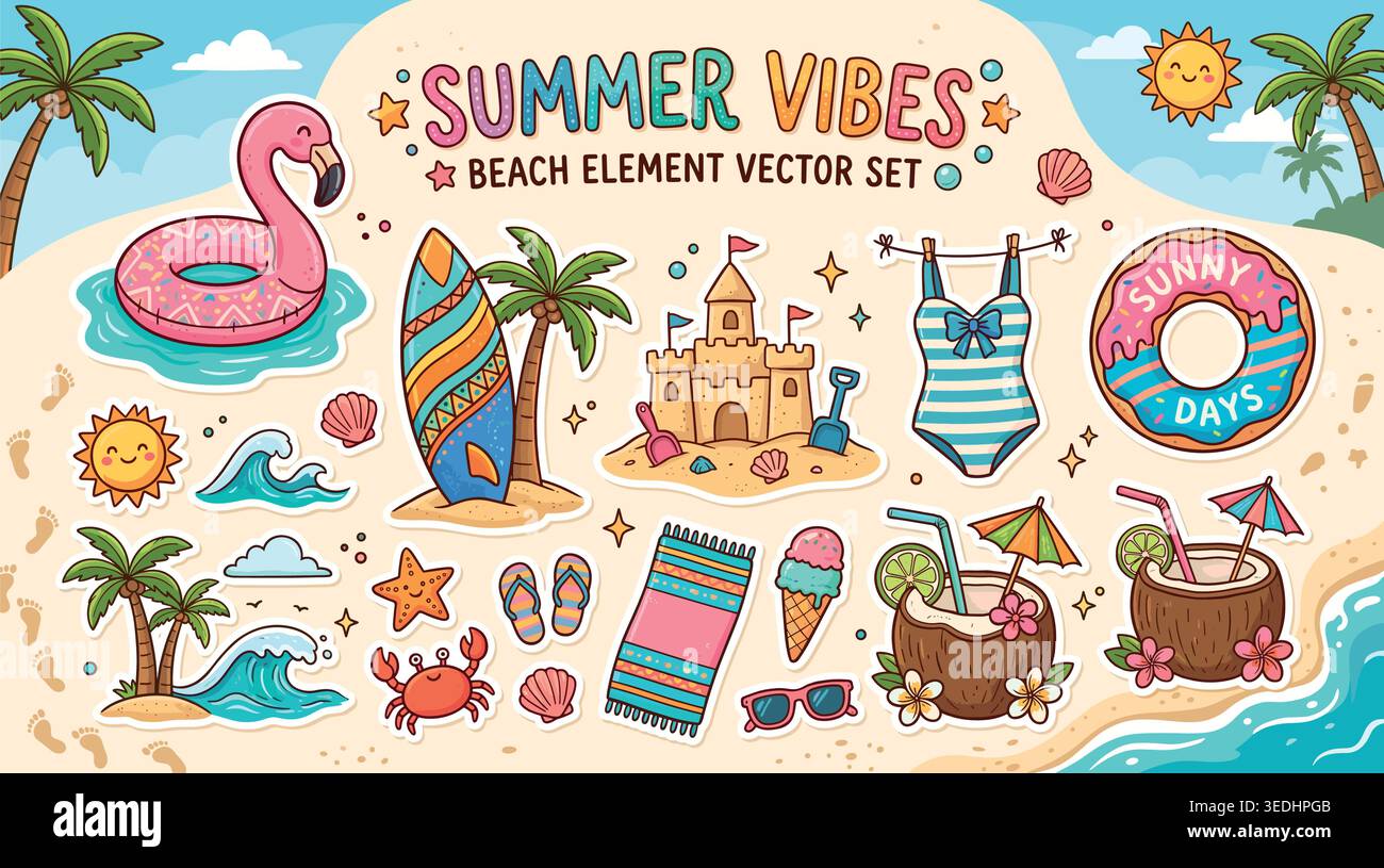 Summer Beach Doodle Set .Hand Drawn Vacation Poster Element. Vector illustration Stock Vector