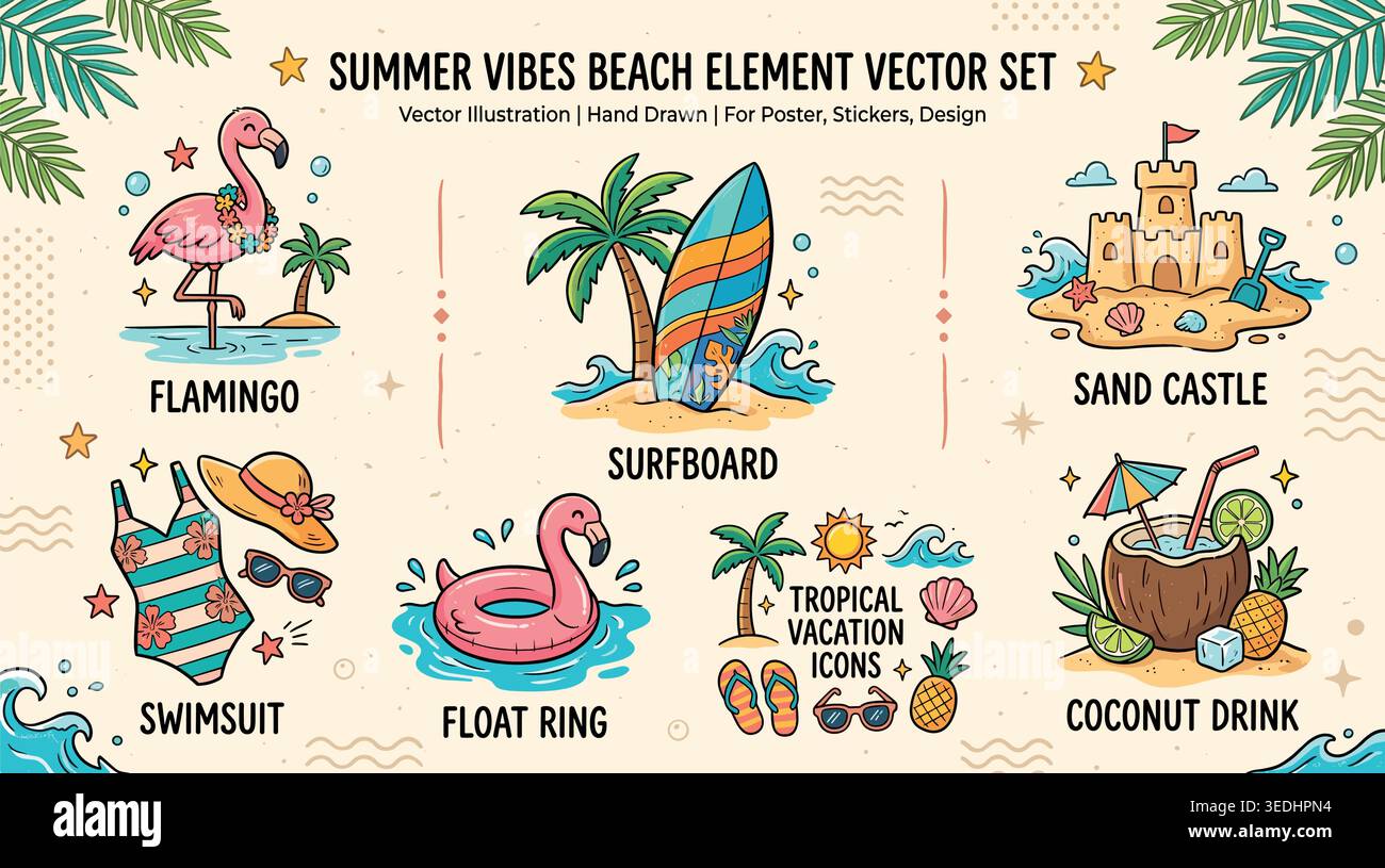Summer Beach Doodle Set .Hand Drawn Vacation Poster Element. Vector illustration Stock Vector