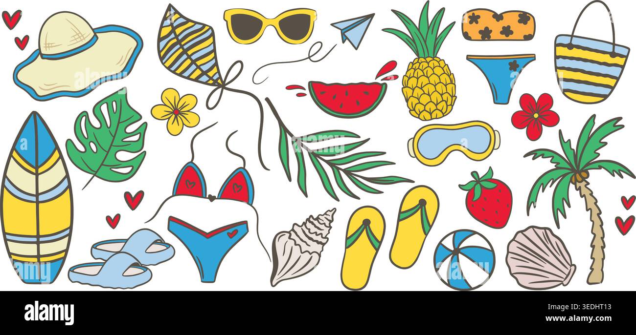 Set hand drawn illustrations themed around summer beach vacations Stock Vector