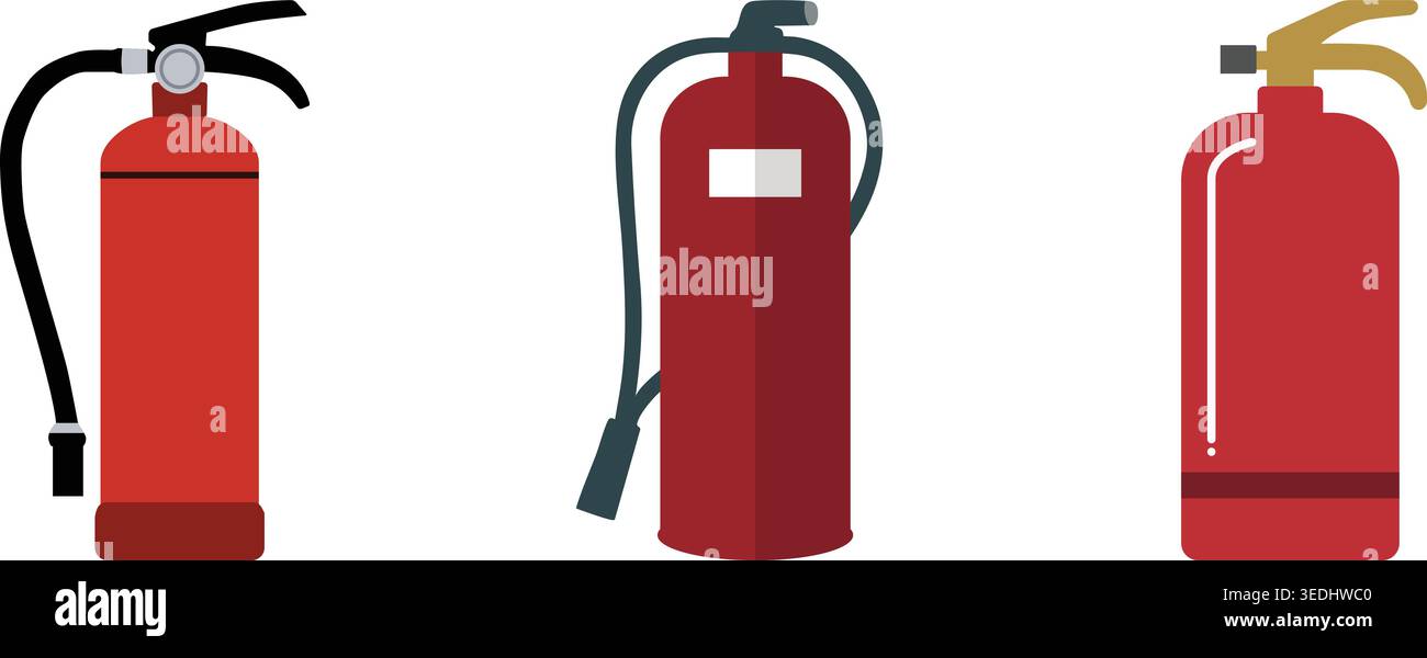 A flat illustration collection featuring three fire extinguishers in different styles and designs. Stock Vector