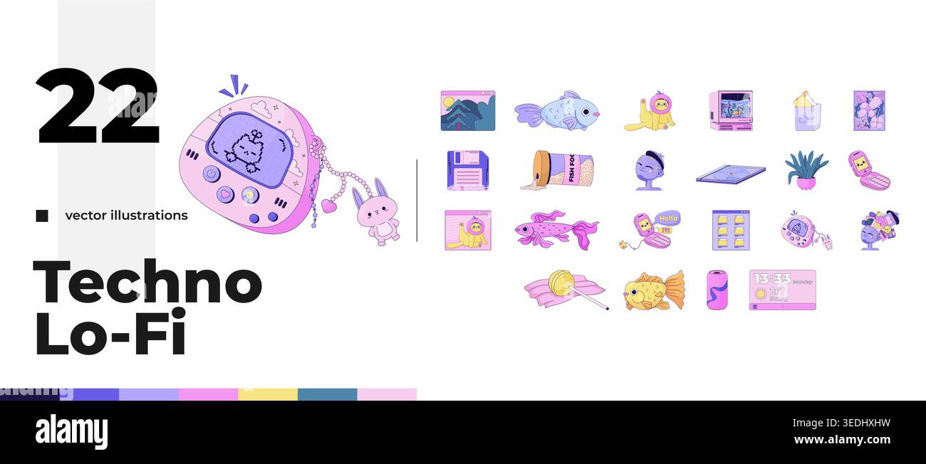 Cute everyday and Y2K digital 2D cartoon objects pack Stock Vector