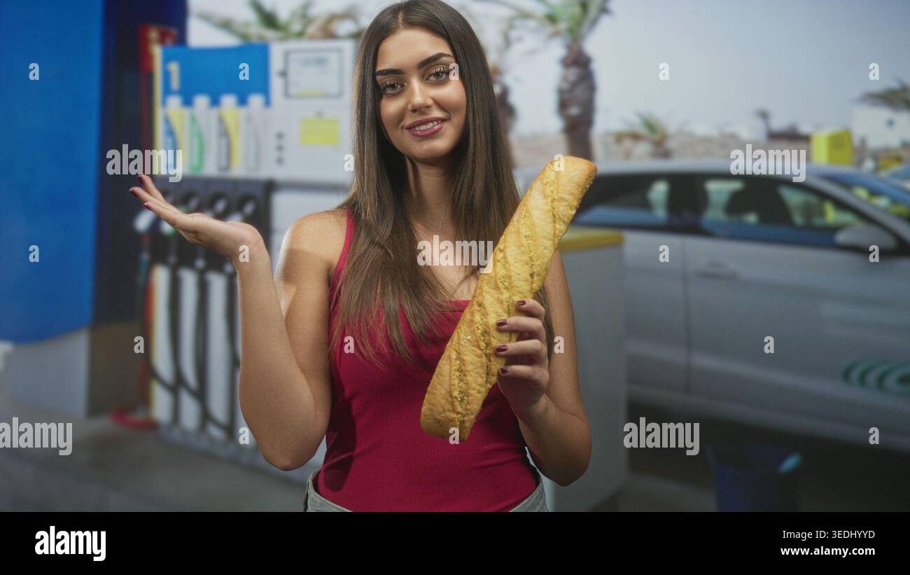 Woman holding baguette with right hand and palm outstretched, smiling at a street gas station; playful curiosity. Stock Photo