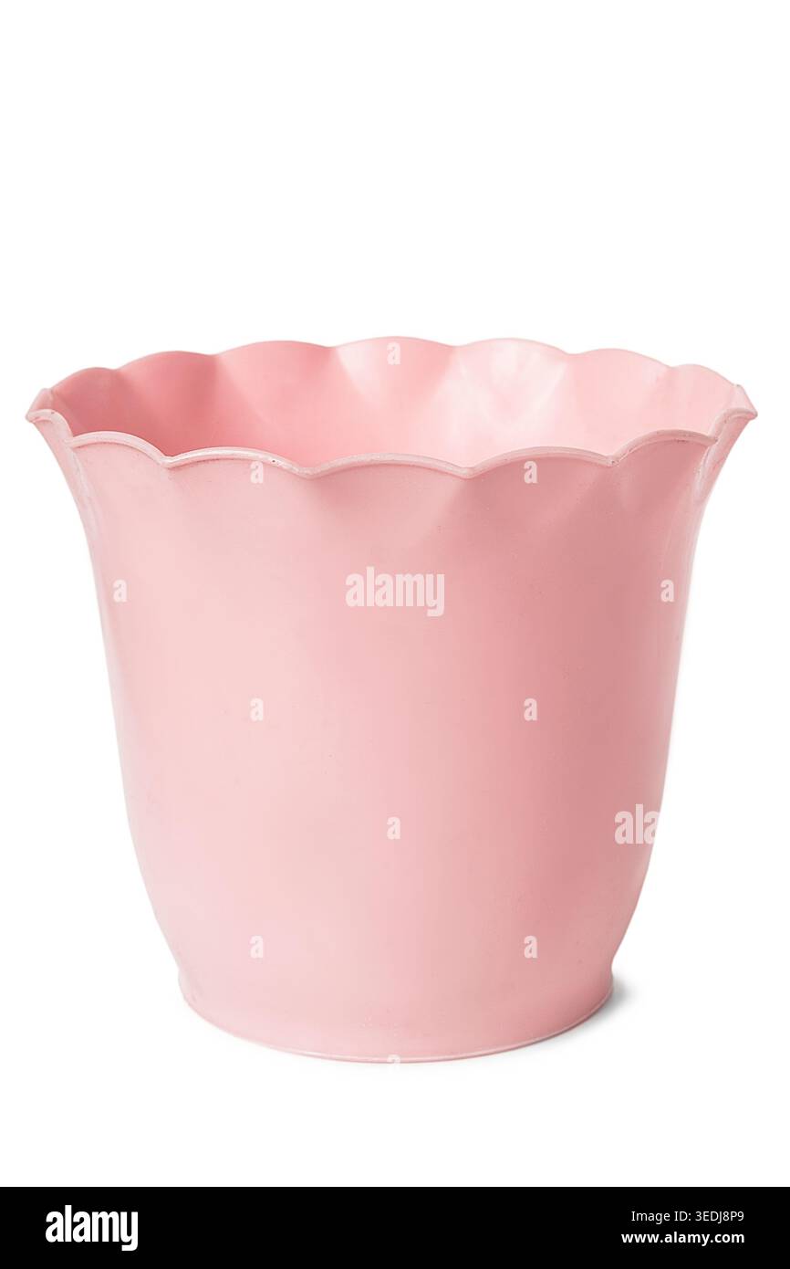Empty plastic pink flowerpot isolated on white background Stock Photo