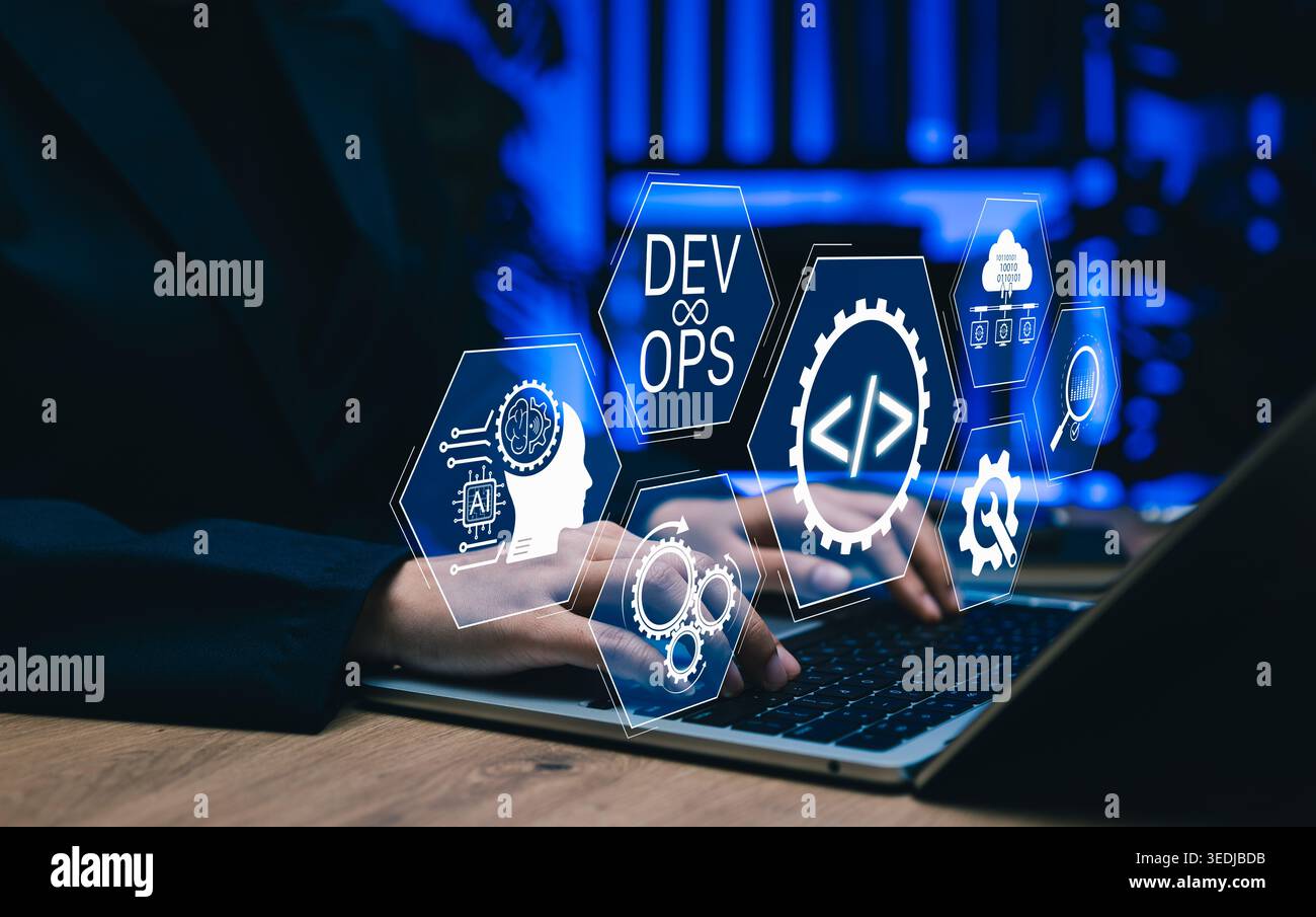 DevOps automation and AI software development concept. Programmer using laptop with coding icons, cloud data system, gears, analytics, deployment work Stock Photo