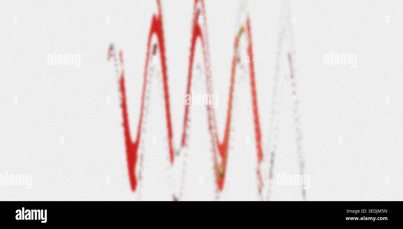 A minimalist abstract digital visualization featuring sharp, jagged red wave patterns isolated on a clean white background, representing data or sound Stock Photo