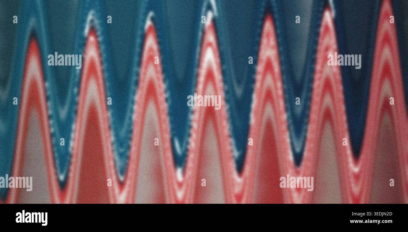 An abstract composition featuring a repeating vertical zigzag pattern with red and blue color bands and a subtle grainy texture throughout. Stock Photo