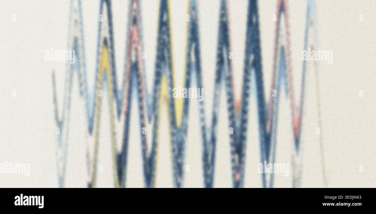 A minimalist abstract background featuring a repeating zigzag pattern of thin blue and yellow vertical lines isolated on a clean white background. Stock Photo
