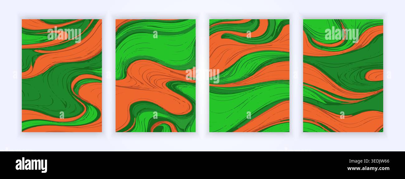 cover of abstract fluid painting patterns, simple green and orange vector backgrounds Stock Vector
