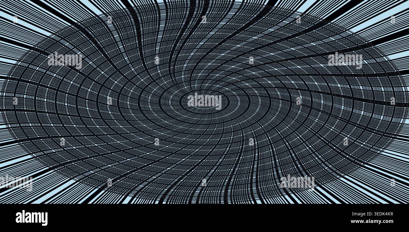 A striking abstract image showing a black and light blue swirling vortex, characterized by intense radial lines and a complex grid structure for a dig Stock Photo