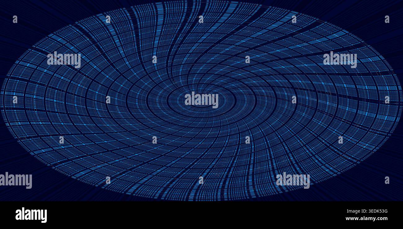 A dark blue abstract background featuring a swirling vortex of binary code, representing data flow, technology, and digital information. Stock Photo