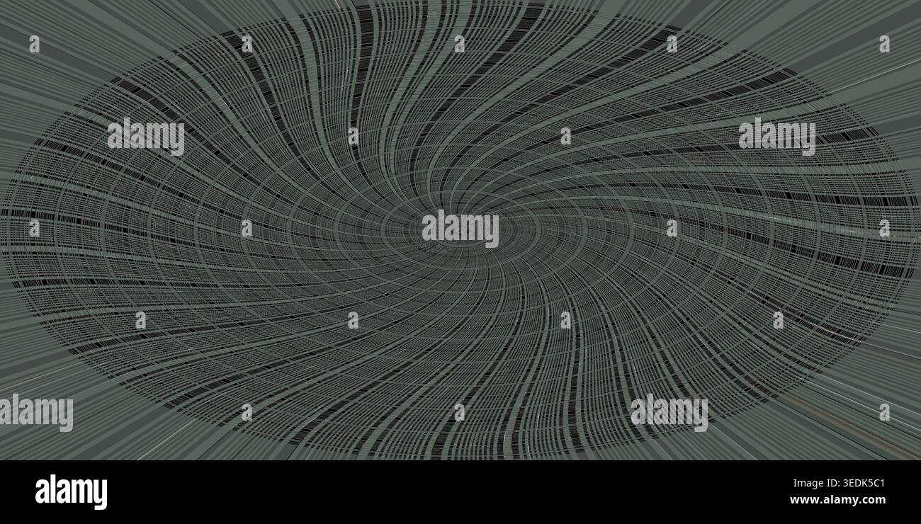 A high-contrast abstract image featuring a dense, dark vortex of swirling black lines and intricate grid textures on a dark grey background. Stock Photo