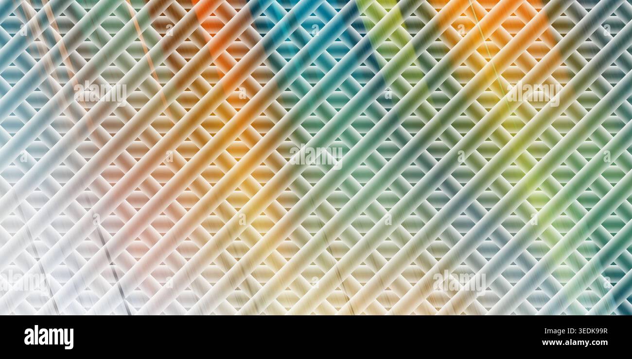 An abstract background pattern of diagonal intersecting lines, overlaid with a soft, multi-colored rainbow gradient effect creating a vibrant visual. Stock Photo