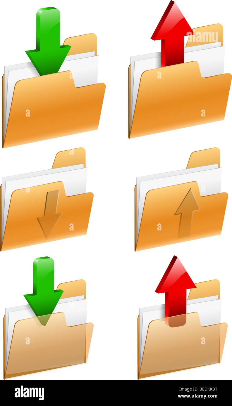 Download and Upload icon - 3D Arrow with Folder, isolated on white, vector Stock Vector
