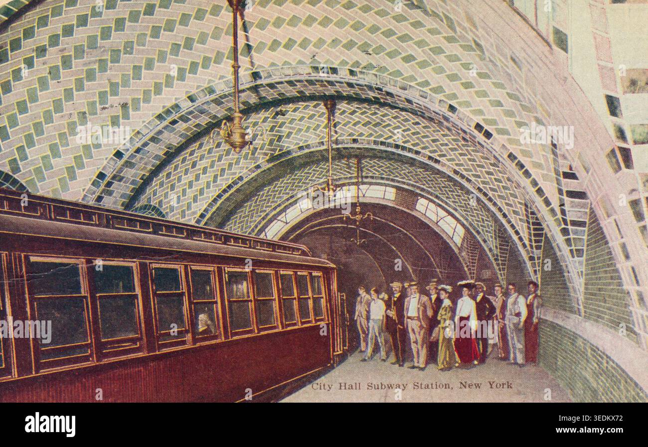 Historic postcard illustration of the City Hall Subway Station in New ...