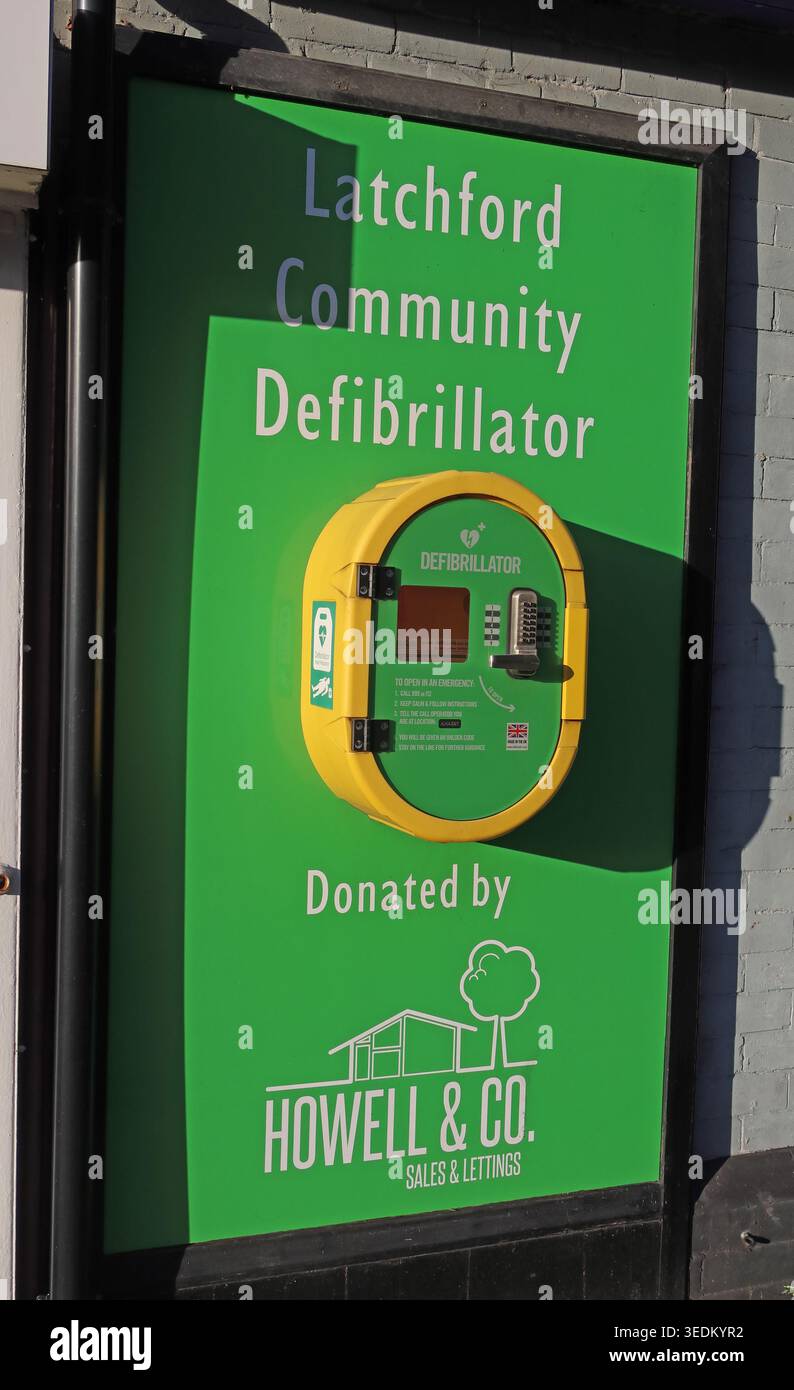 Latchford Community Defibrillator. Stock Photo