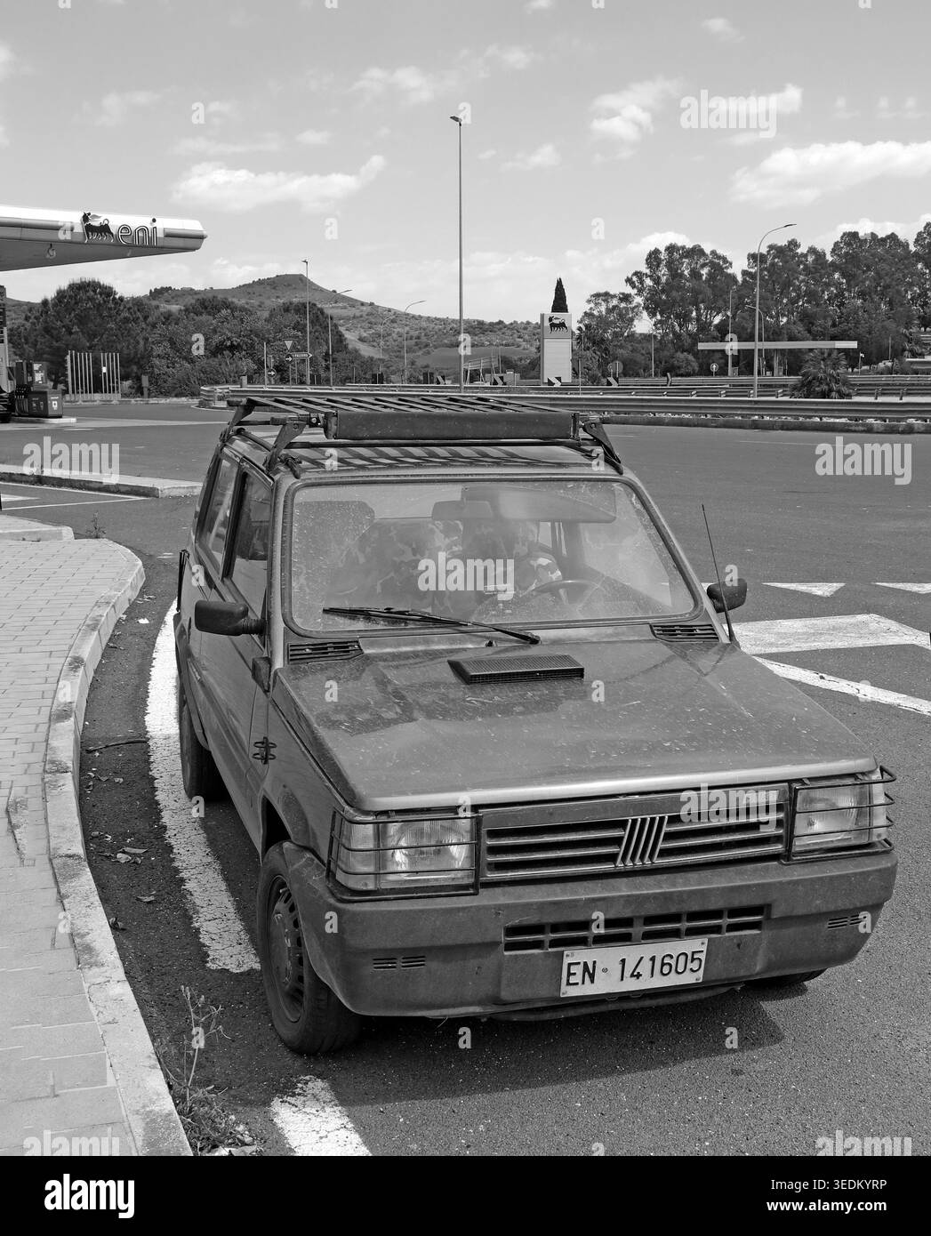 1990s Fiat Panda, possibly a Fiat Panda 4x4, photographed in Sicily, Italy BW, Sicily, Italy. Stock Photo