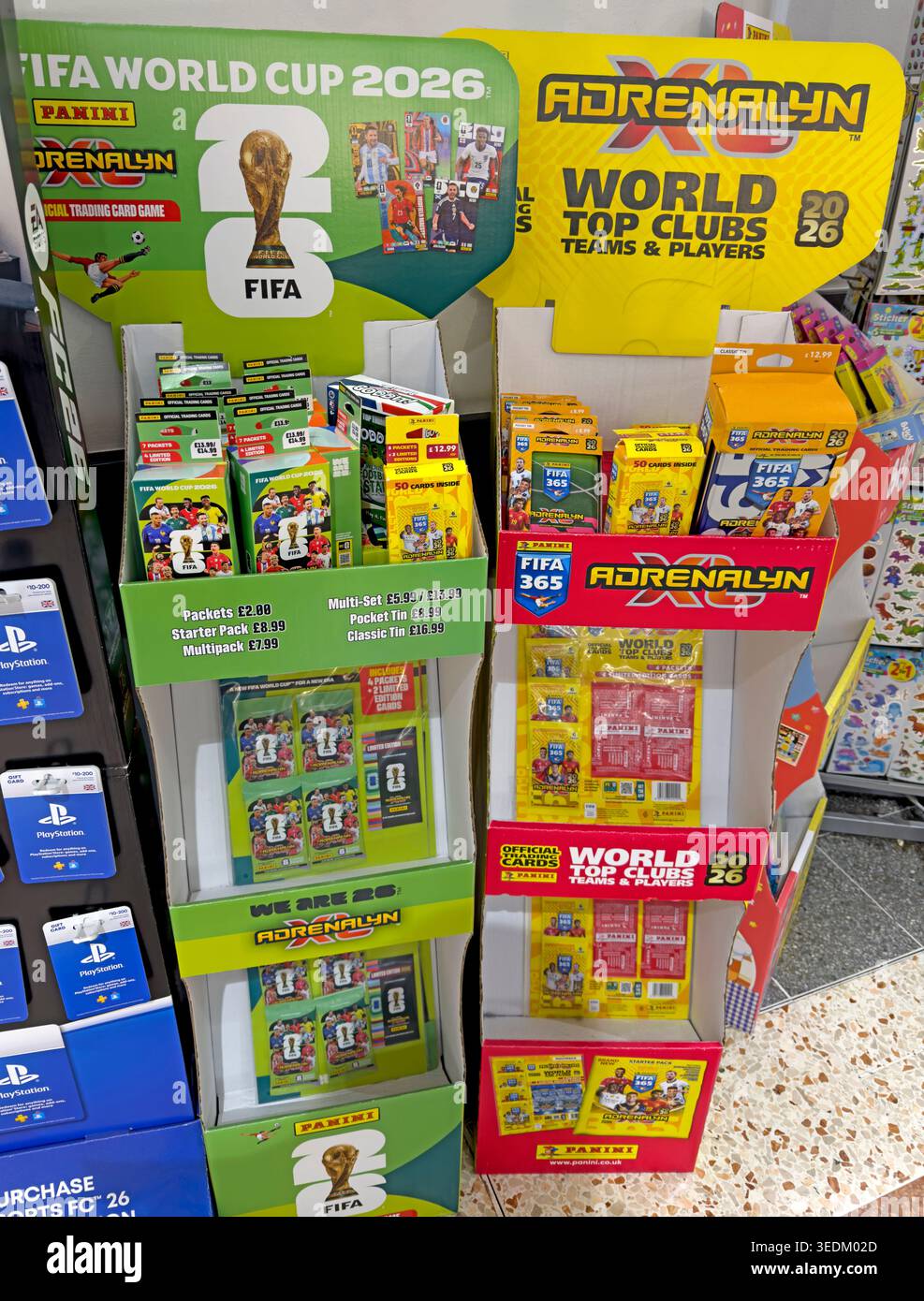 Panini FIFA World Cup 2026 Adrenalyn XL cards display in a shop, highlighting the rising cost of football collecting for fans. Stock Photo