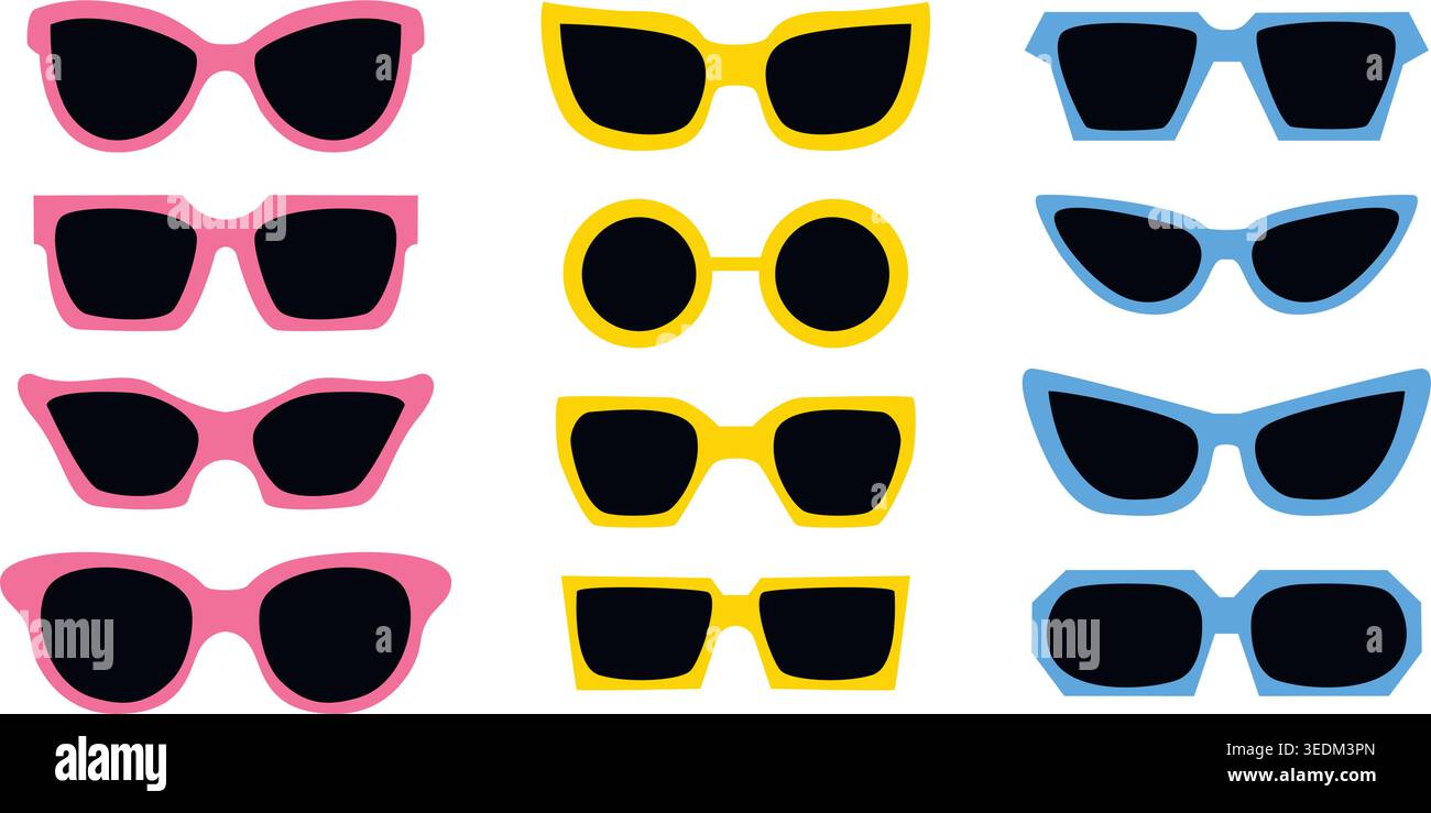 Sunglasses with black lenses and bright frames set Stock Vector