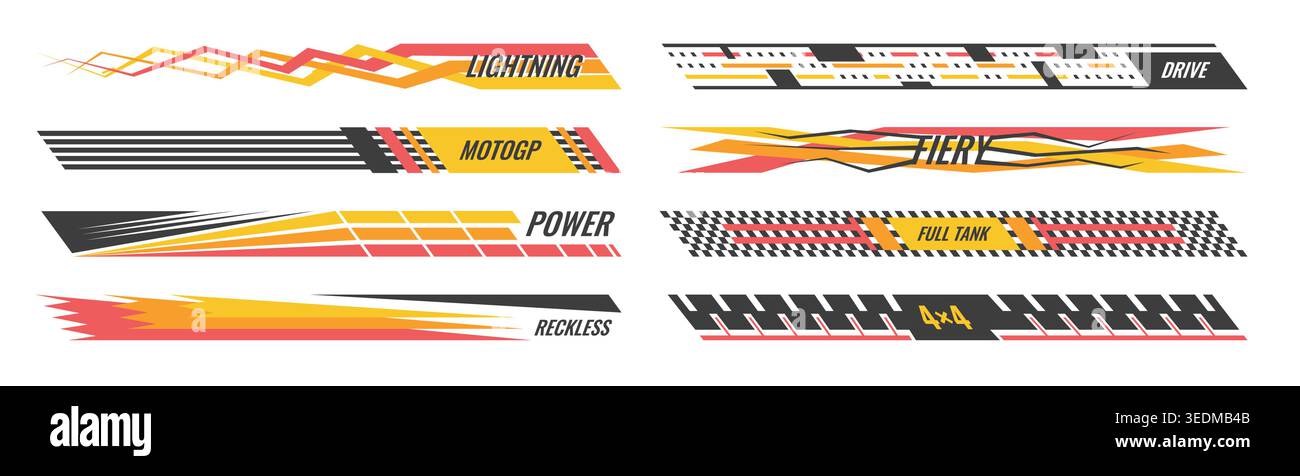 Off road 4x4 racing graphics. Blue black speed stripe set halftone decoration truck modification. Vector motorsport elements drag track patterns, checkered borders, automotive vinyl wraps Stock Vector