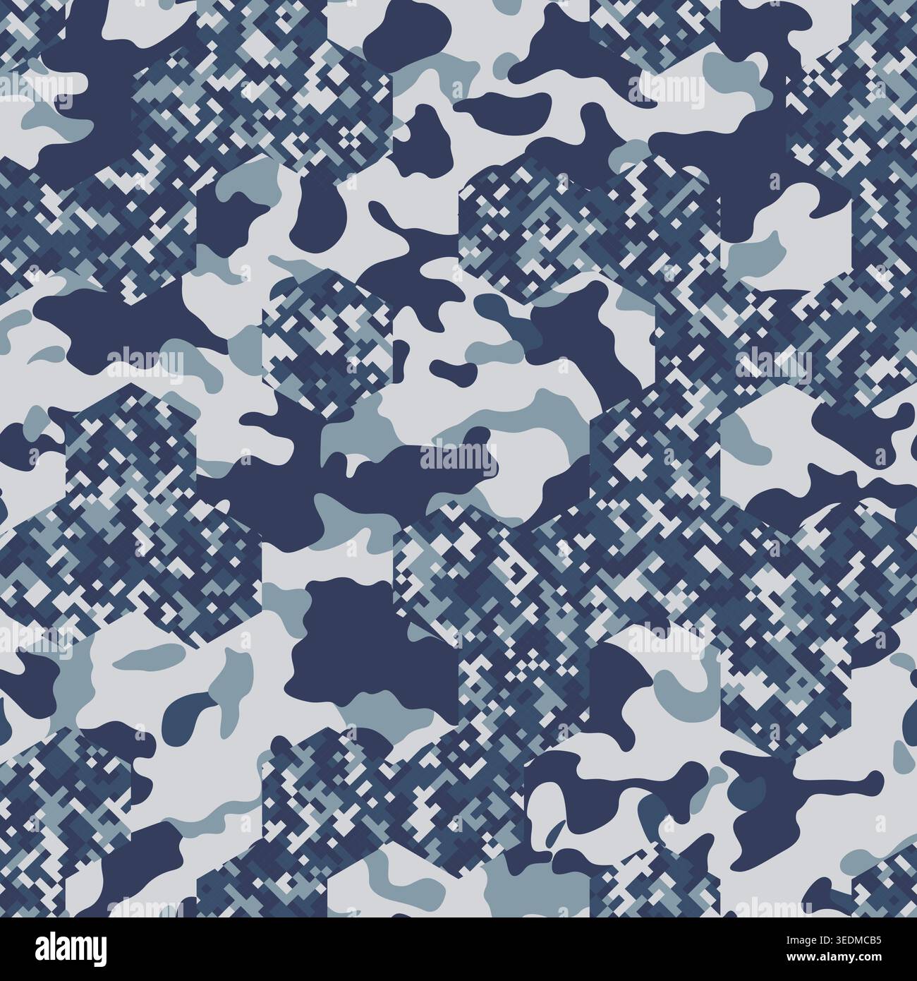 Seamless navy camouflage pattern with Pixel and Spots mixed Hex effect Stock Vector
