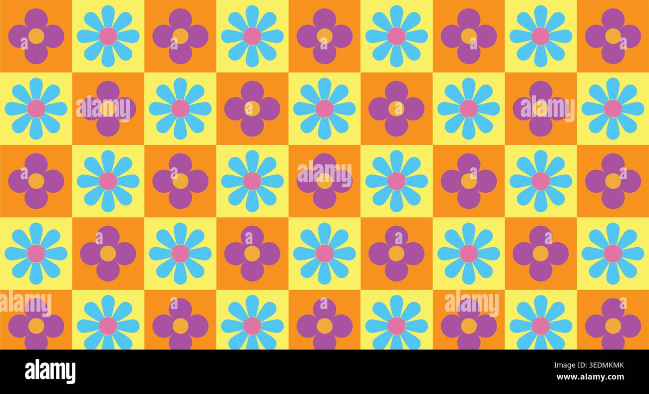 Vibrant floral pattern with colorful flowers on a cheerful checkerboard background. Stock Vector