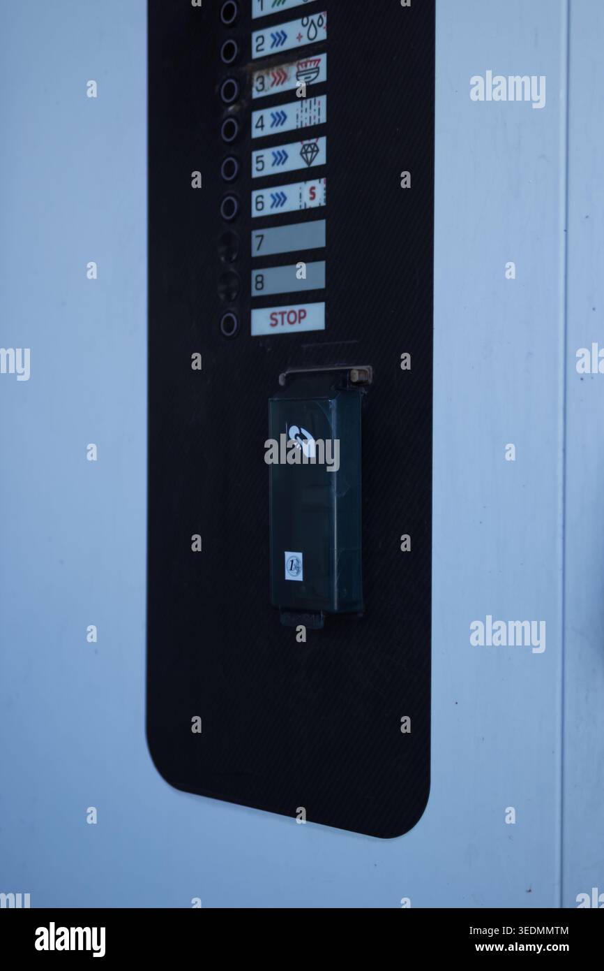 Car wash control panel with numbered buttons, icons for soap, wax and ...