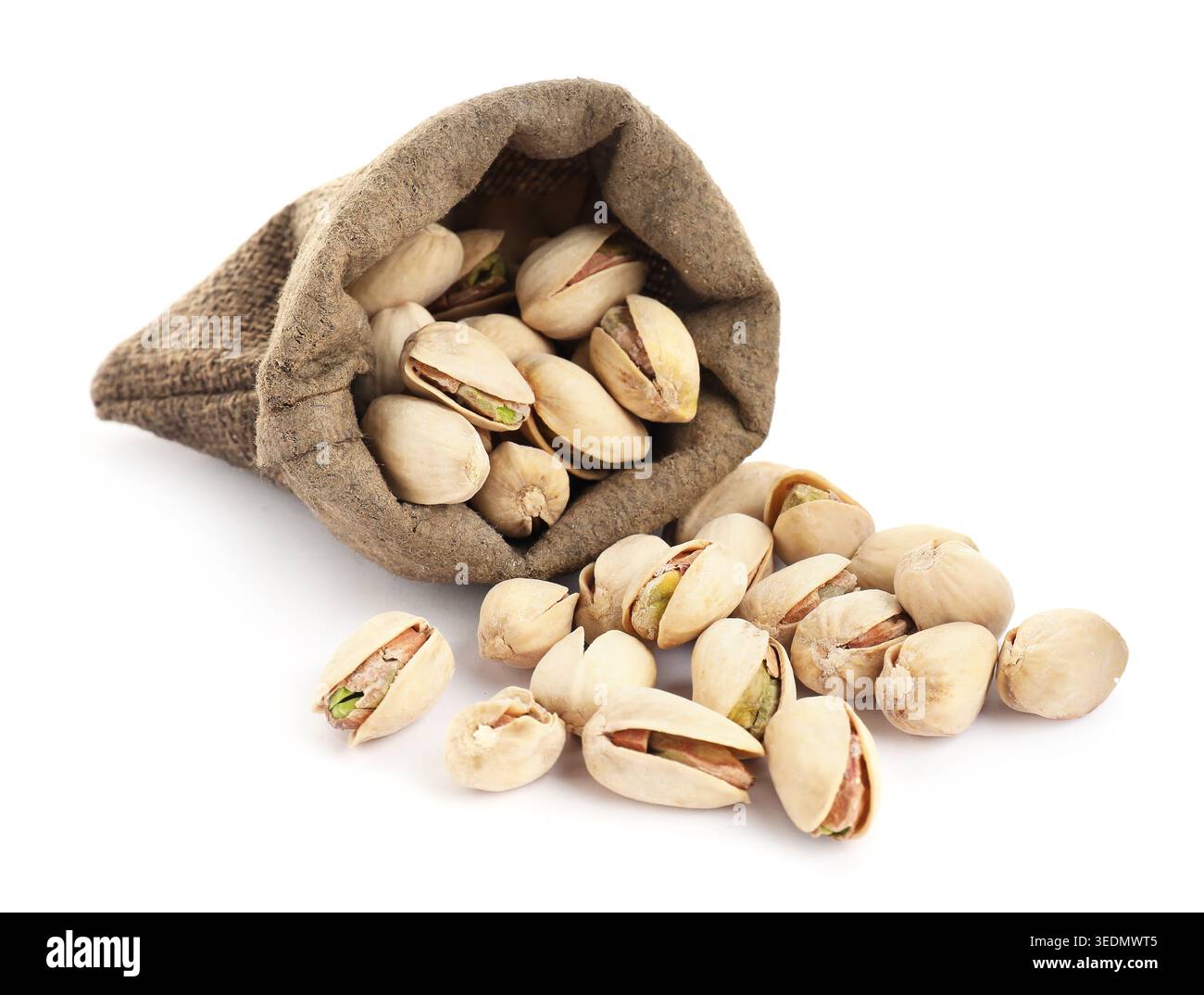Pistachio nuts in sack isolated on white Stock Photo