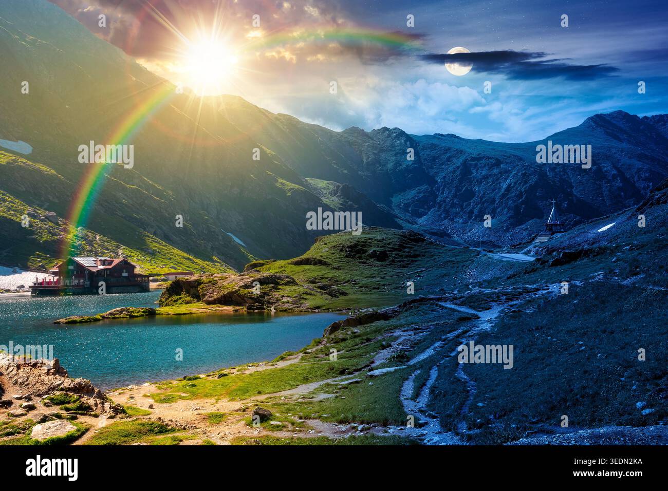 beautiful alpine scenery of mountains. day meet night. sun and moon over lake in romania mountain landscape. summer solstice weather with epic sky. ri Stock Photo