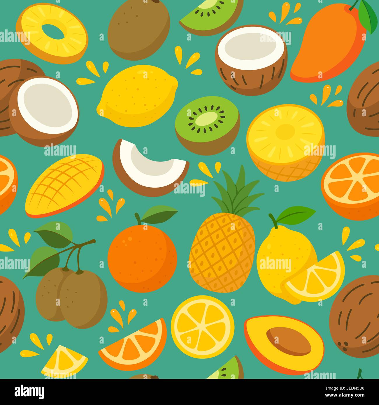 Summer fruit medley seamless pattern on green background Stock Vector