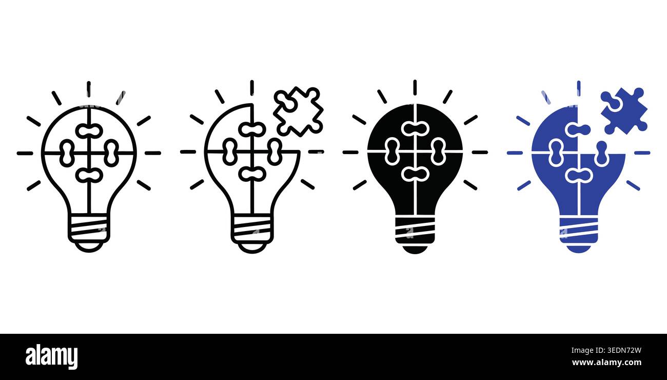 Light bulb puzzle icons set representing creative ideas and problem solving Vector Stock Vector