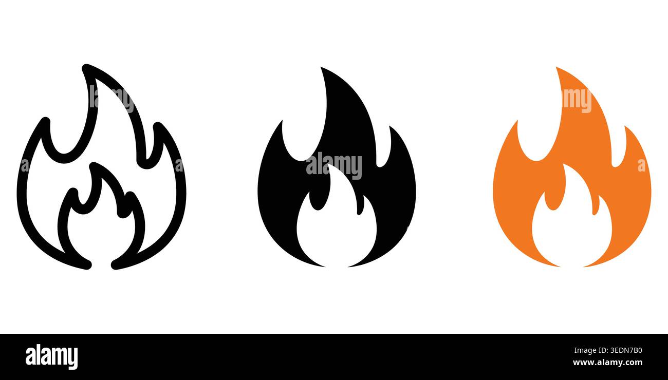 Three different fire flame icons in black outline solid black and orange colors Vector Stock Vector