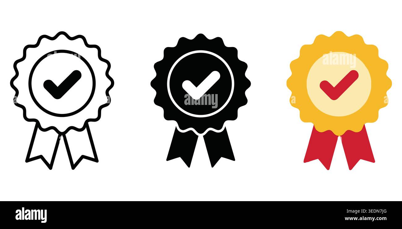 Set of approval badge icons with check mark symbol in different styles ...