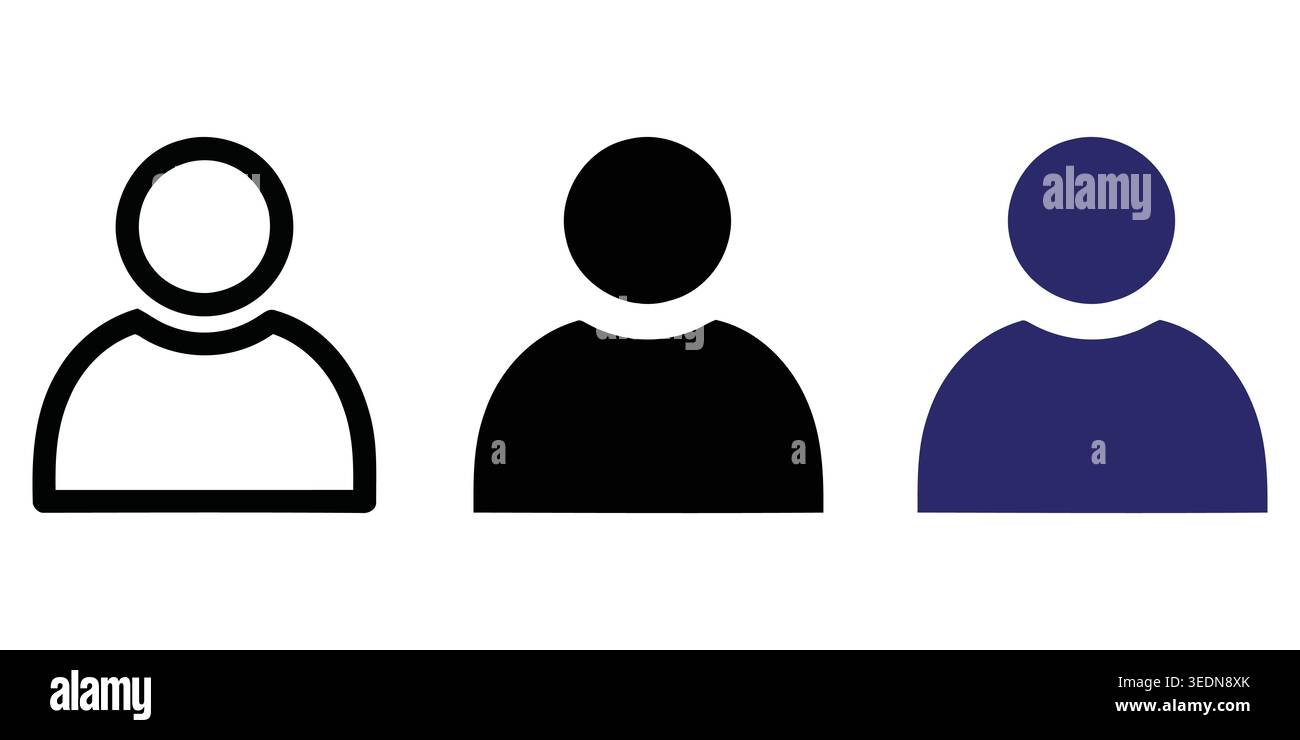 A collection of three minimalist user profile avatar icons, featuring line, solid black, and solid blue variations, perfect for web interface design a Stock Vector